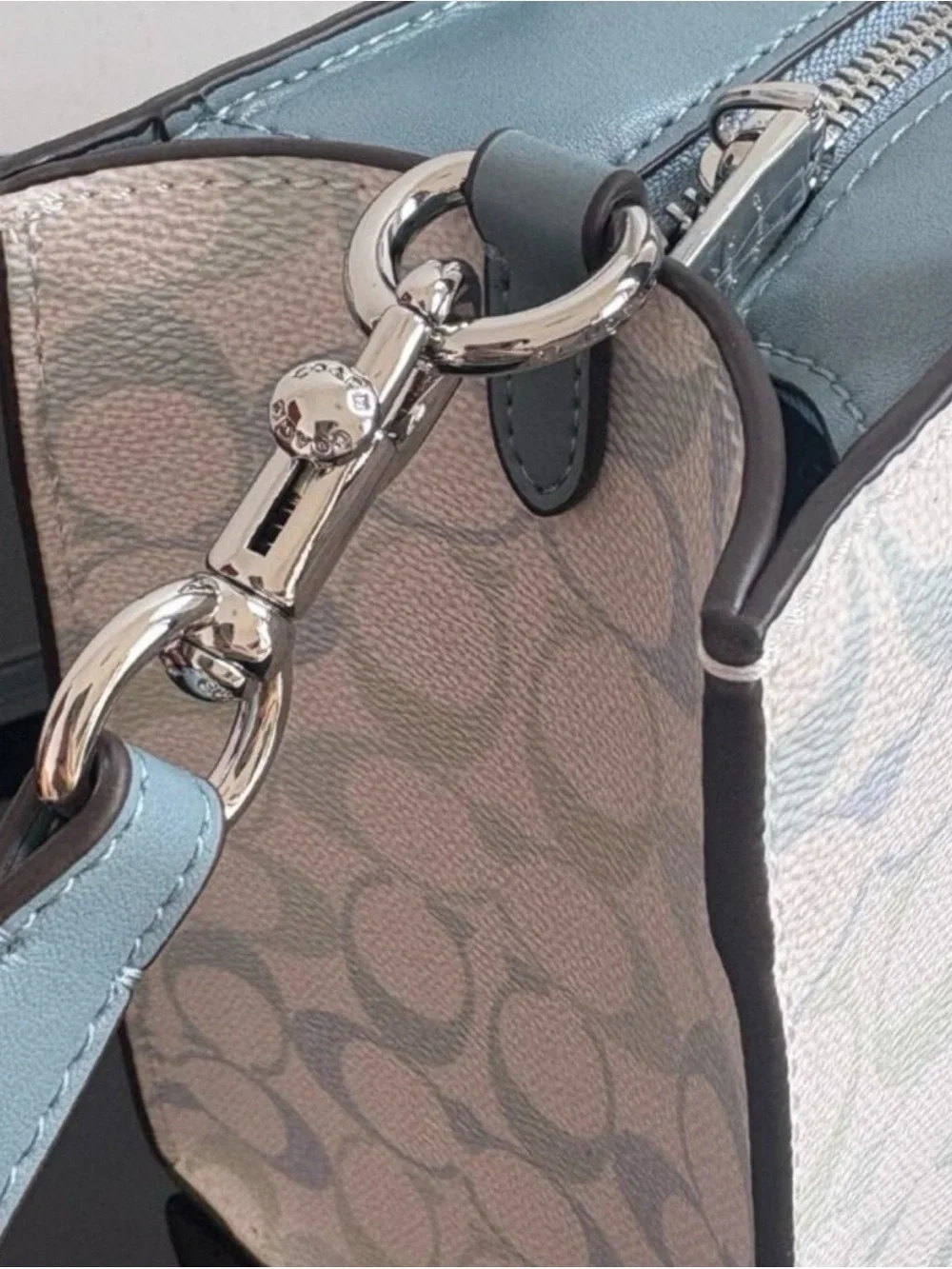 Coach Mini Satchel in Pale Blue and Ivory Signature Print